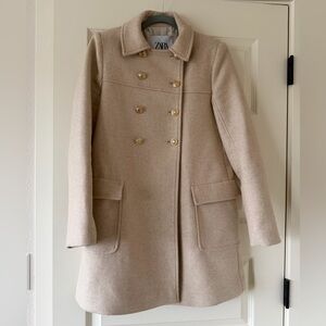 Zara Women's Beige Pea Coat with Gold Buttons